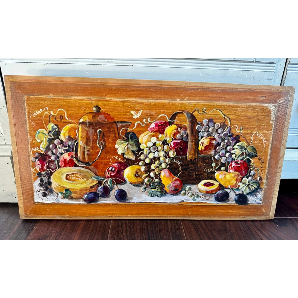 Vintage 1999 Hand Painted Fruit Still Life on Reclaimed Wood Door –Signed Rinaca